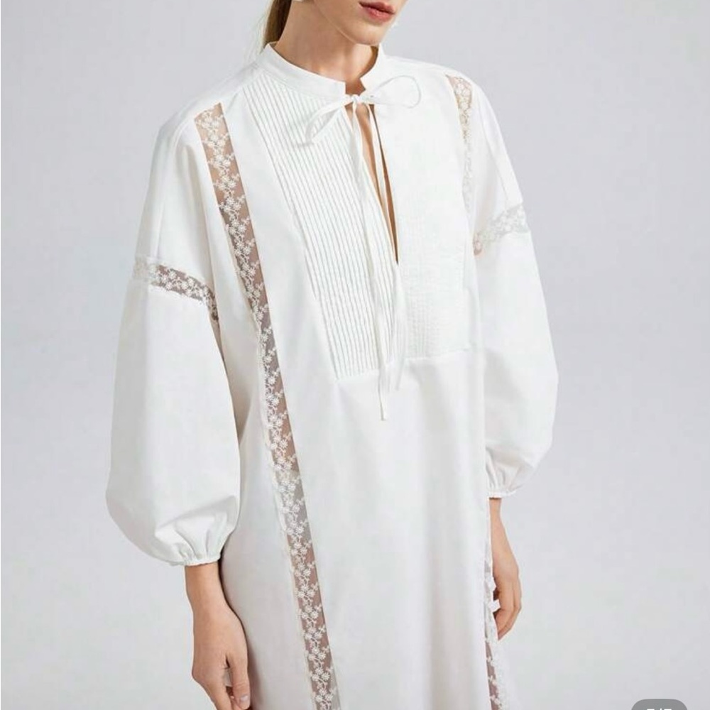 SHEIN White Resort Maxi Dress with Mandarin Collar and Bishop Sleeves